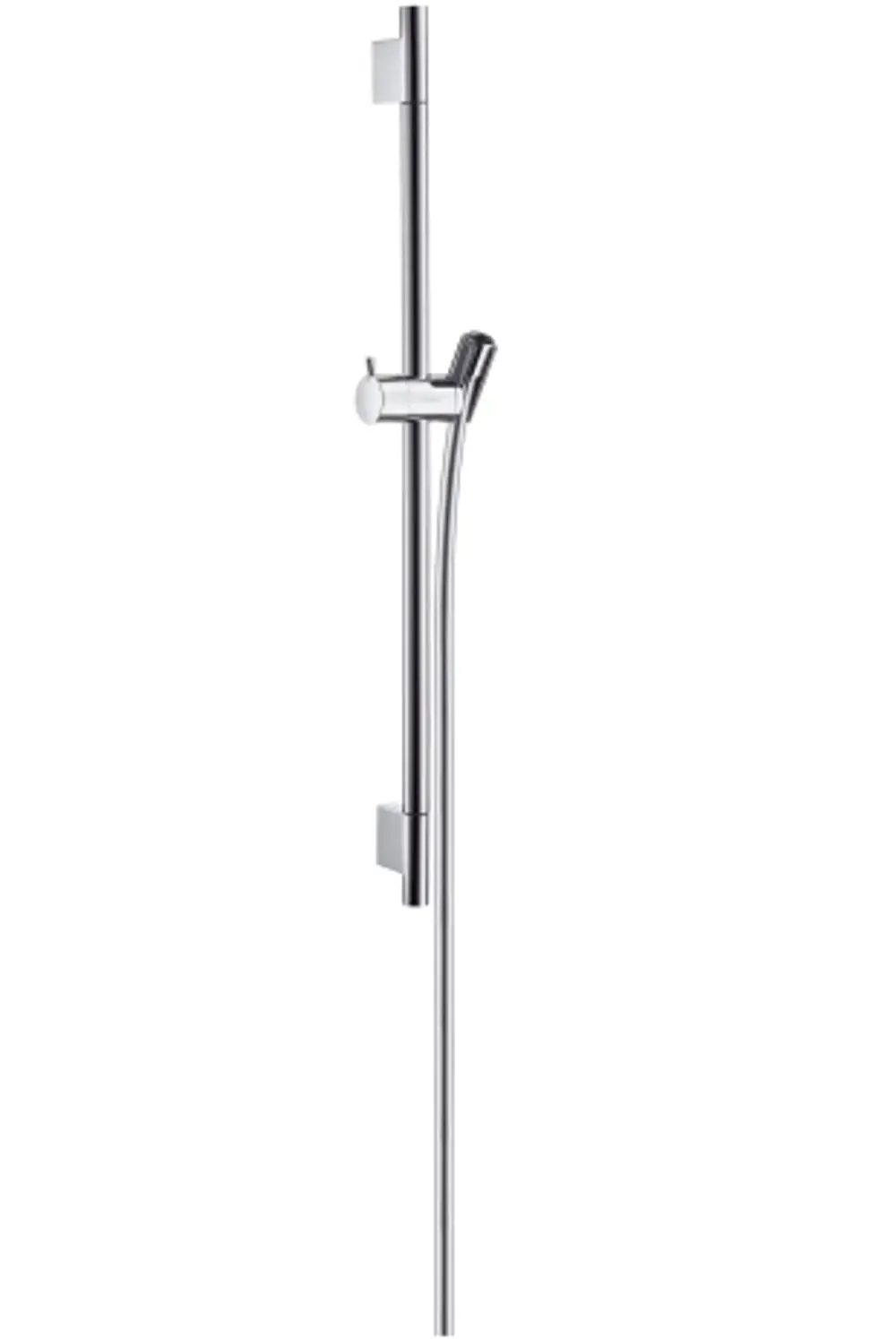 Vertikale Chrom-Brausestange von Hansgrohe mit einem flexiblen Brauseschlauch, montiert an einer Wand, zur Befestigung eines Duschkopfes.
